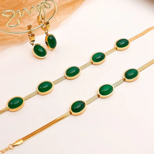 Oval Green Crystal Pendant Necklace Set with Bracelet